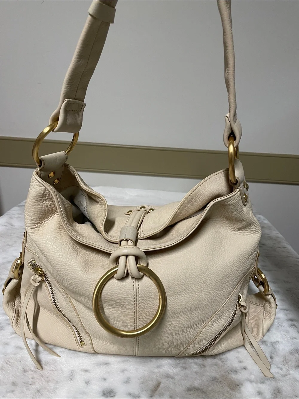 C. Luce Cream Leather Hobo with Gold Ring Hardware